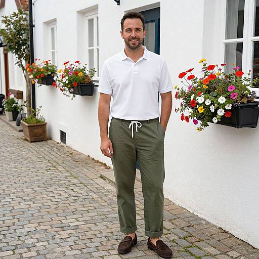 Photograph of a bearded man with short dark hair, wearing a white polo shirt, olive green pants, and brown loafers, standing on a