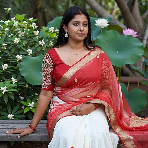 Photograph of an Indian woman with dark hair, wearing a red saree with gold embroidery, white blouse, and gold earrings, sitting outdoors amidst lush
