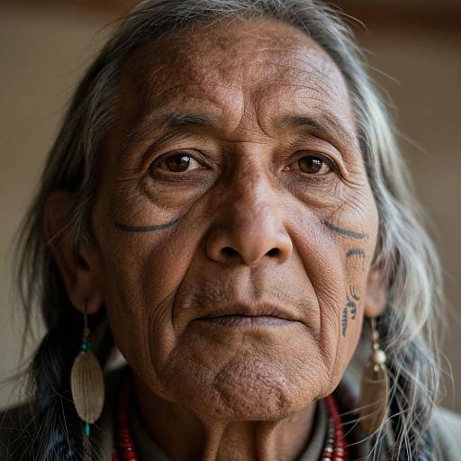 Close-up photograph of an elderly indigenous woman with long gray hair, tribal face paint, and earrings, displaying deep wrinkles and a solemn expression.