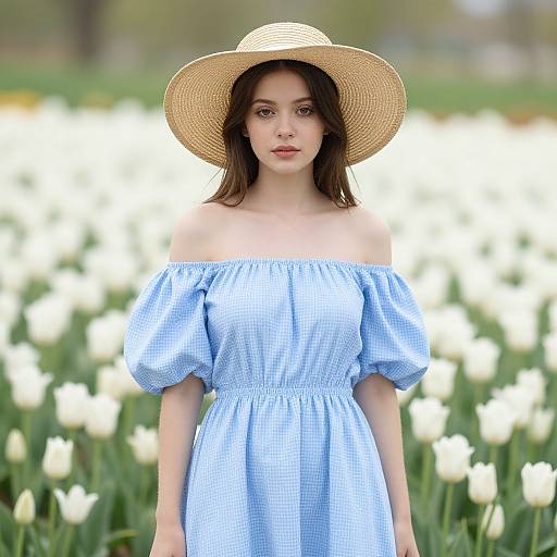 Photograph of a young woman with fair skin, brown eyes, and dark brown hair, wearing a blue gingham off-shoulder dress and straw
