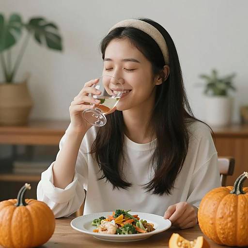 Young Woman Enjoying Healthy Meal and Drink