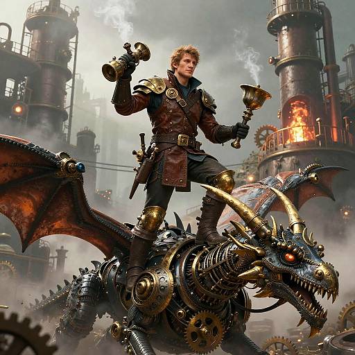Steampunk Hero on Mechanical Dragon