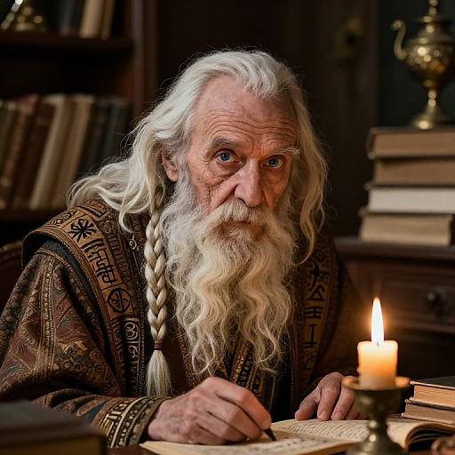 Photograph of an elderly man with a long, white braided beard, wearing ornate medieval robes, writing by candlelight in a dimly lit