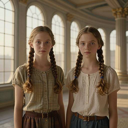 Photograph of two young girls with braided hair, wearing vintage dresses, standing in a sunlit, grand, arched-windowed hall.