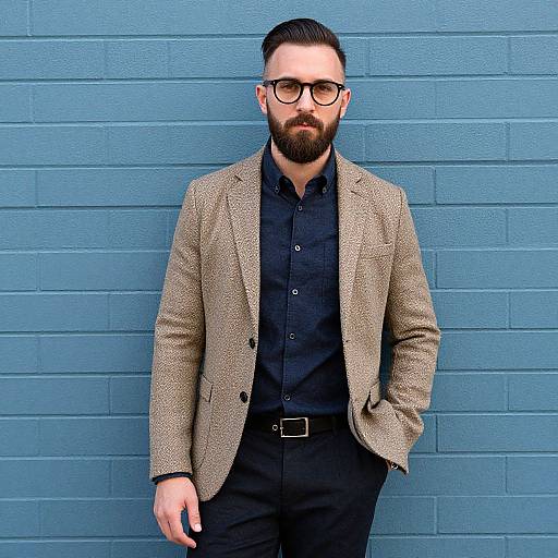 Photograph of a bearded man with glasses, wearing a beige blazer, black shirt, and pants, standing against a blue brick wall.