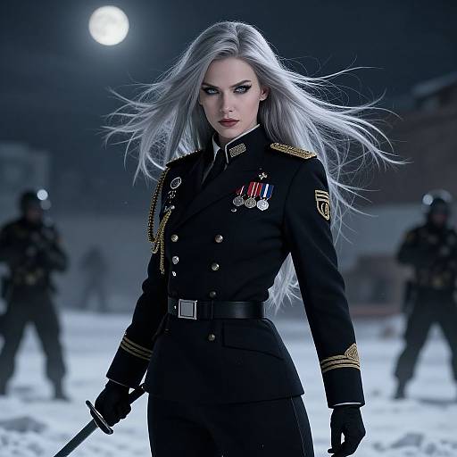Digital artwork of a stern, silver-haired woman in a black military uniform with medals, standing in a snowy night setting under a full moon, flanked