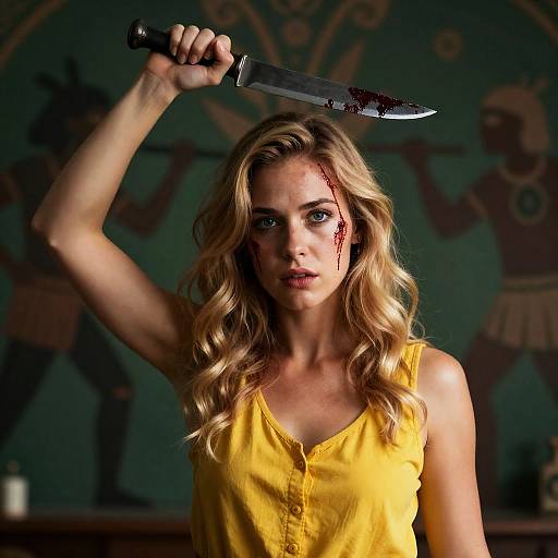 Intense Blonde Woman with Bloody Knife