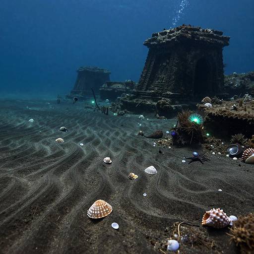 Bioluminescent Seafloor with Ancient Ruins