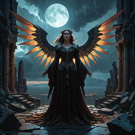 Dark Sorceress with Crystalline Wings in Ruined Castle