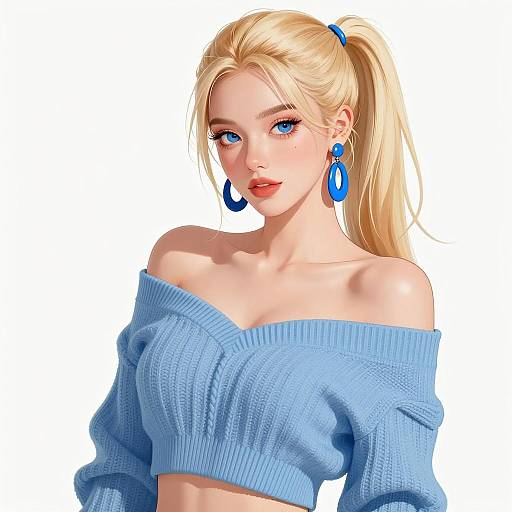 Blonde Woman in Blue Off-Shoulder Sweater