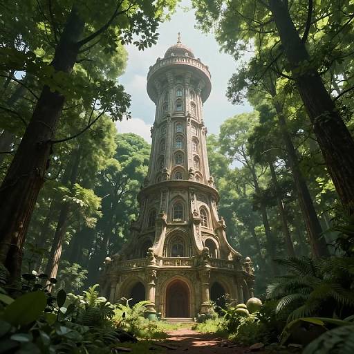 Surreal Tower Over Whimsical Forest
