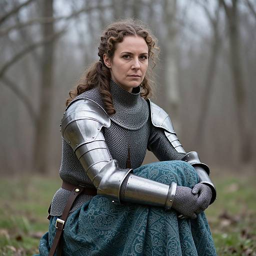 Photograph of a curly-haired woman in medieval silver armor and teal patterned skirt, sitting in a misty, forested background.