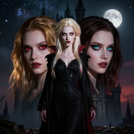 Digital artwork of a pale vampire woman with long blonde hair, black dress, red eyes, surrounded by three headshots of her with red, blue,