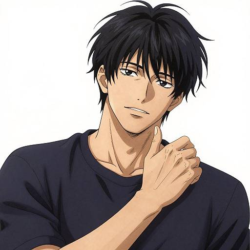 Anime-style digital drawing of a handsome young man with black hair, blue eyes, and fair skin, wearing a black shirt, touching his neck. White