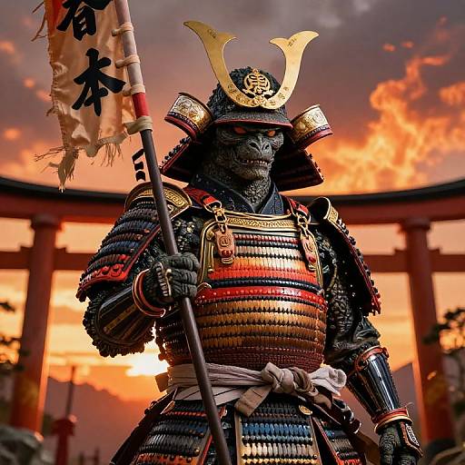 Photograph of a samurai warrior in detailed, colorful armor with a golden helmet, holding a flag, against a fiery sunset sky.