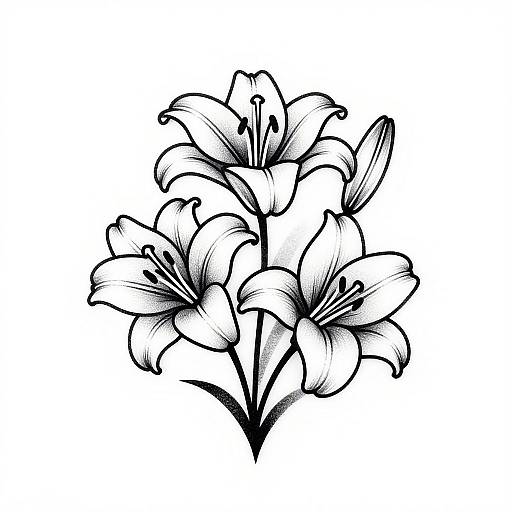 Black and white ink drawing of three detailed lilies with intricate petals and curved stamens, centered on a white background.