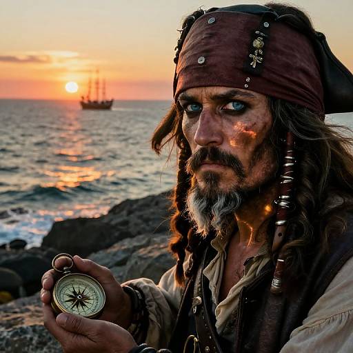 Photograph of a rugged, bearded pirate with braided hair, brown headband, holding a compass, against a sunset seascape with a ship