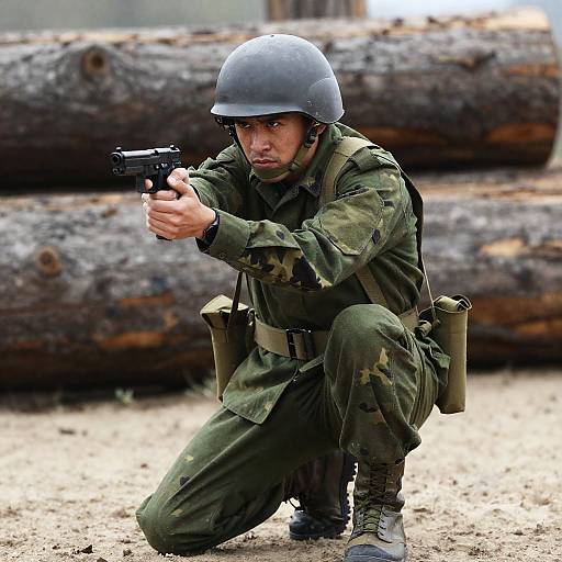 Intense Soldier in Camouflage Action Shot