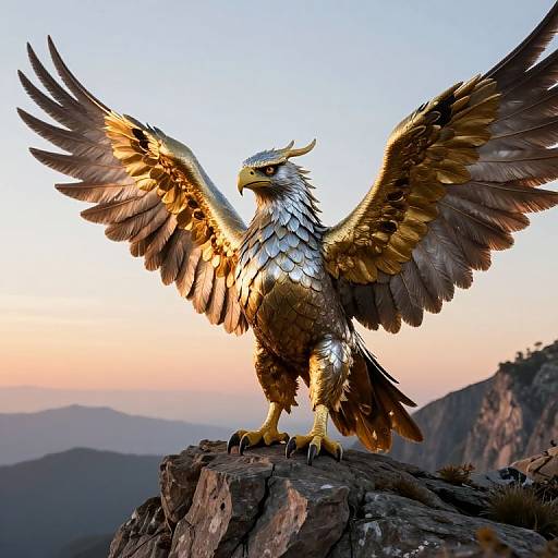 Photograph of a majestic golden eagle with outstretched wings standing on a rocky cliff at sunset, glowing feathers against a pastel sky.