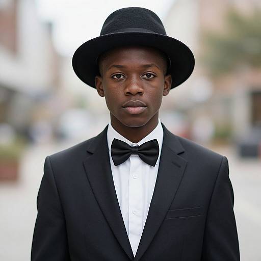 Photograph of a young Black man wearing a black bowler hat, black tuxedo, white dress shirt, and black bow tie, standing in