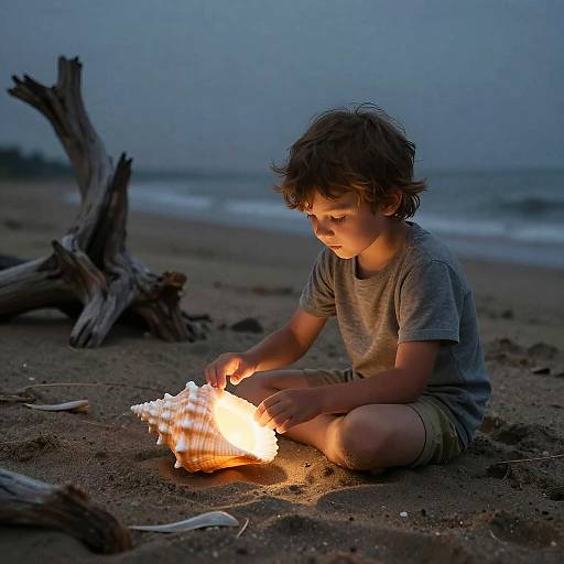 Photograph of a curly-haired boy in a grey t-shirt and green shorts, sitting on a sandy beach at dusk, holding a glowing seashell