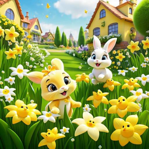 Cute Cartoon Rabbits in Flower Garden