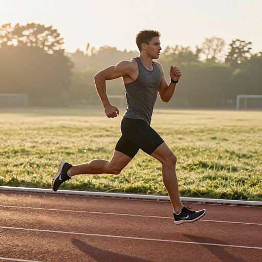 Photograph of a muscular man jogging on a red track, wearing a gray tank top, black shorts, and black running shoes. Sunlit grassy