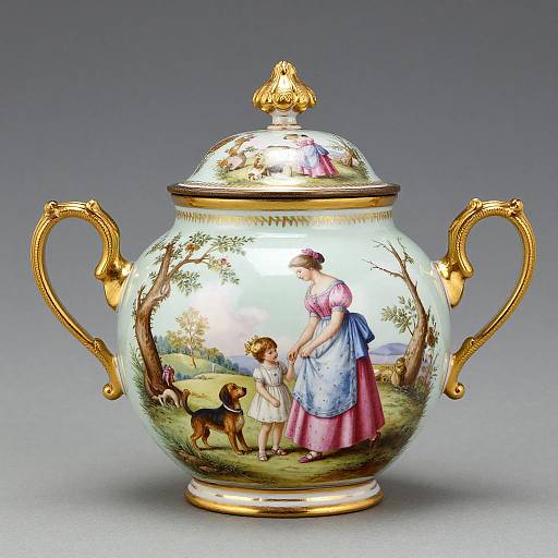 Ornate porcelain teapot with gold handles and lid, featuring a painted scene of a woman in pink and blue dress, child, and dog in