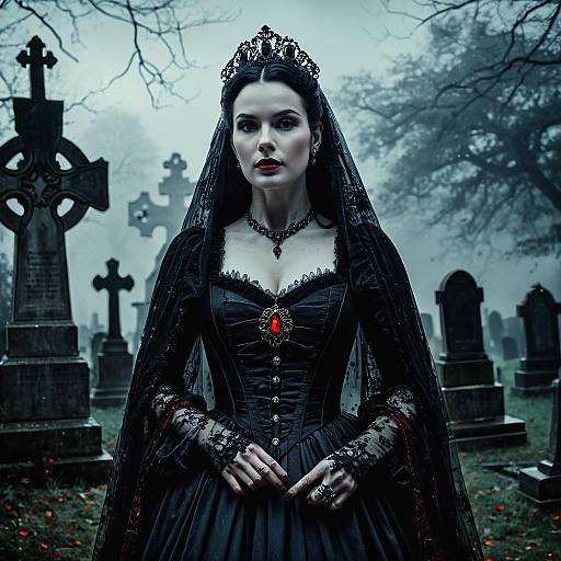 Gothic Noblewoman in Misty Graveyard