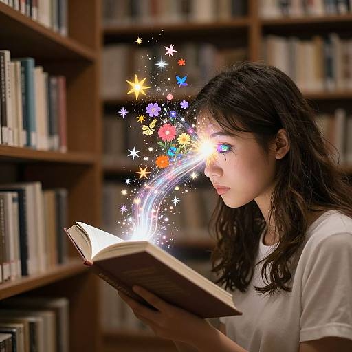 Photograph of a young woman with long brown hair, wearing a white t-shirt, reading a book in a library. Bright, colorful magical stars and