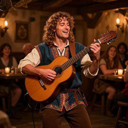 Photograph of a curly-haired man with a fair complexion, wearing a blue embroidered vest and white shirt, joyfully playing an acoustic guitar in a warmly