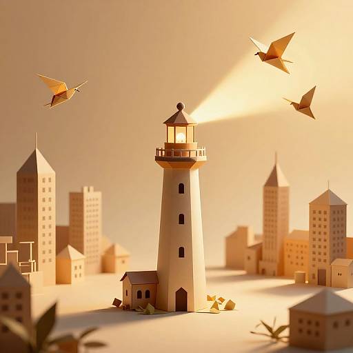 Photograph-style CGI of a sunlit, beige lighthouse surrounded by city buildings, with three birds flying in the bright, golden sky.
