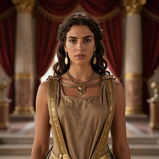 Photograph of a dark-haired woman with olive skin, wearing a gold-embellished, ancient Greek-style dress, standing in a grand, marble