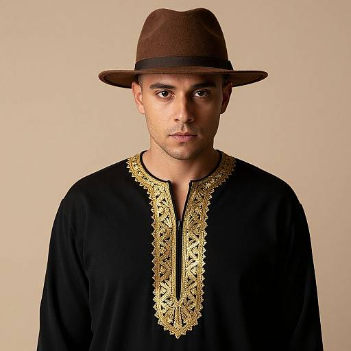 Photograph of a man with medium skin tone, dark brown eyes, and short beard, wearing a brown fedora and black shirt with intricate gold embroidery