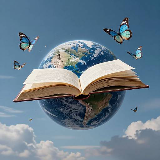 Photograph-like digital art of an open book hovering above Earth, surrounded by blue and black butterflies against a clear blue sky.