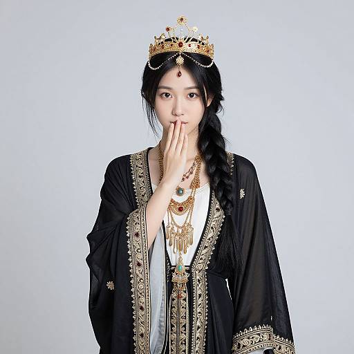 Photograph of an East Asian woman wearing a black, gold-embroidered robe and ornate gold crown, with a hand covering her mouth,