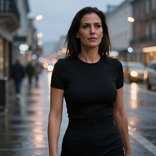 Photograph of a serious, dark-haired woman in a black dress standing on a wet, illuminated city street at dusk.
