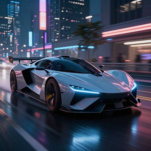 Photorealistic CGI of a sleek, white Lamborghini Huracán with glowing blue headlights speeding through a vibrant, neon-lit city street at night