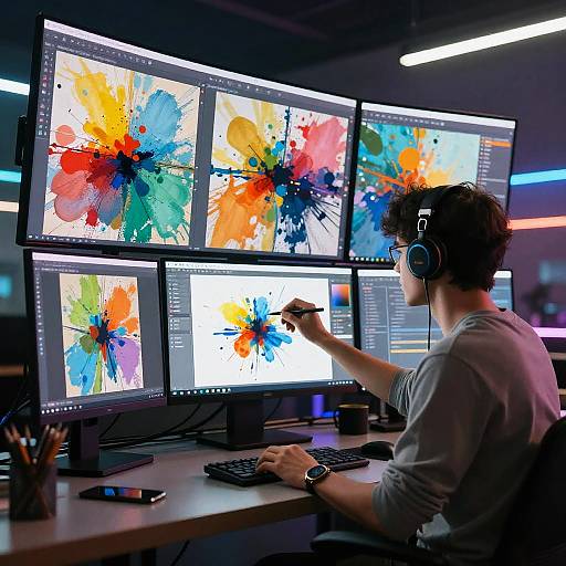 Photograph of a young man with short curly hair, wearing headphones and a gray sweater, creating colorful digital abstract art on multiple computer monitors in a modern