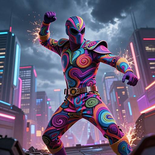 Neon-lit, colorful, psychedelic superhero in a swirling pattern costume, striking a powerful pose in a futuristic cityscape with bright neon lights and dramatic