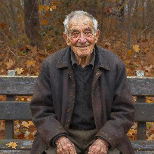 Photograph of an elderly man with white hair, smiling, wearing a black coat and sweater, sitting on a wooden bench in a forest with autumn leaves