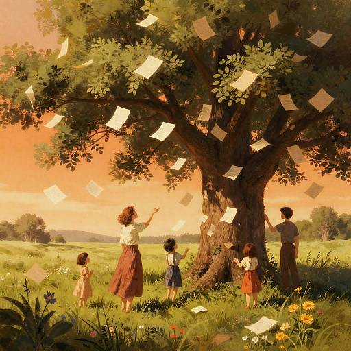 Surreal Tree with Floating Papers and Family