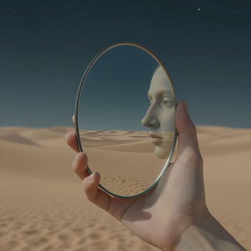 Photograph of a hand holding a circular mirror reflecting a white, featureless face in a desert under a starry night sky.