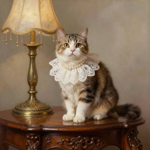 Photograph of a calico cat with a white lace collar, sitting on a wooden table with an antique lamp, looking up.