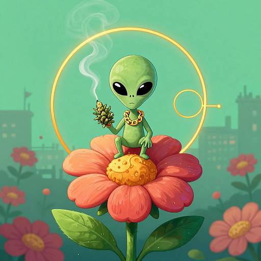 Digital illustration of a green alien with large black eyes, smoking a joint, sitting on a bright pink flower with a yellow center, set against a turquoise