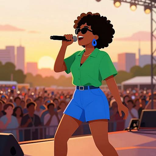 Digital illustration of an Afro-wearing, sunglasses-sporting woman in a green shirt and blue shorts, passionately singing into a microphone at an outdoor concert