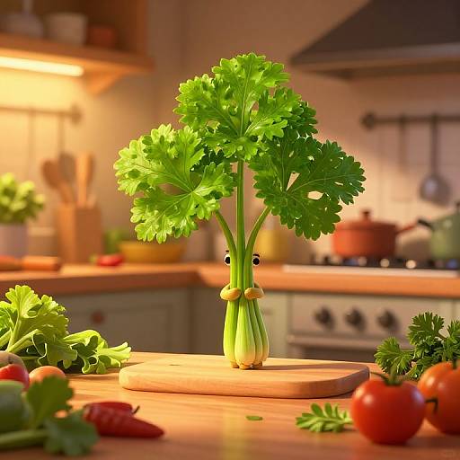 Photorealistic CGI of a green parsley vase with two eyes, standing on a wooden kitchen counter, surrounded by fresh vegetables. Warm, cozy kitchen background