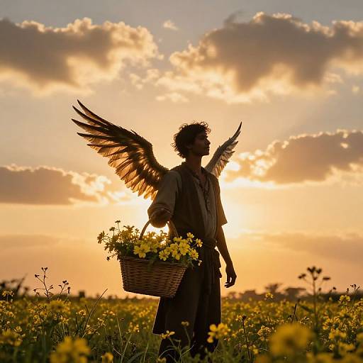 Silhouetted angel with black wings holding flower basket at sunset in a field of yellow wildflowers, golden clouds in background.