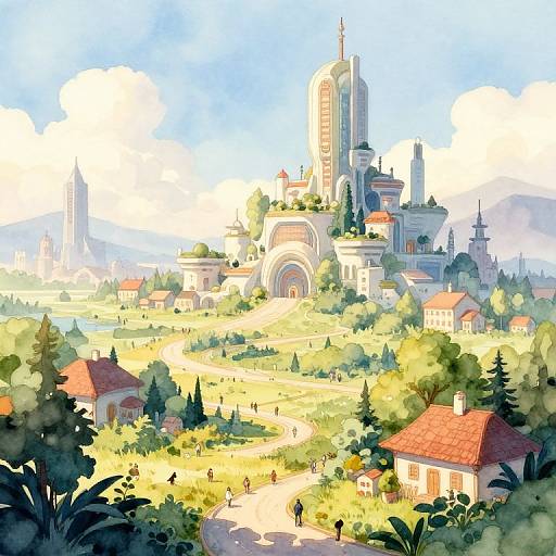 Digital watercolor painting of a sunlit, medieval-style town with red-roofed houses, lush greenery, and a tall, central tower under