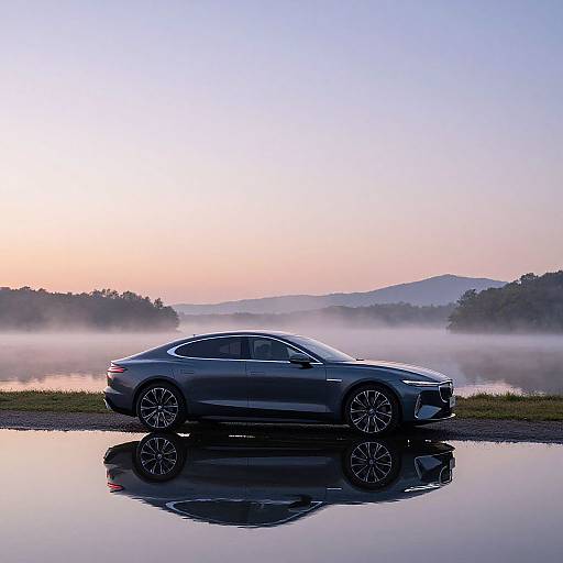 Photograph of a sleek, silver Tesla sedan parked on a misty lakeside, reflecting on calm water at dawn, with pastel sky and distant